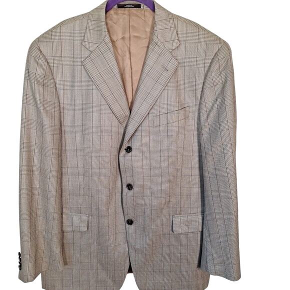 Abboud Beige Neutral Plaid 3 Button Wool Slik Plaid Sport Jacket Blazer Men 44R - Picture 9 of 13